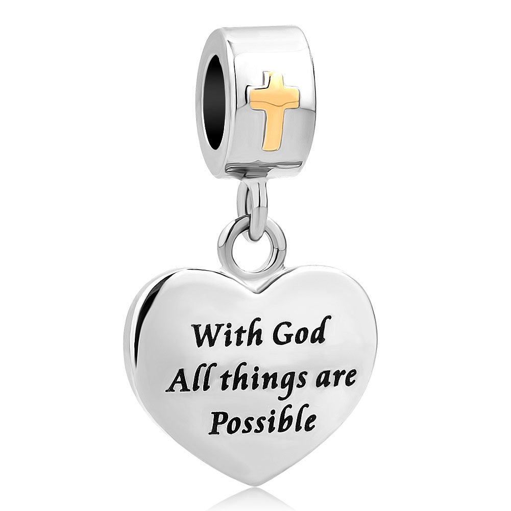 LovelyCharms Cross Charm With God All things are Possible Religious Dangle Bead Fits European Bracelets (Heart)