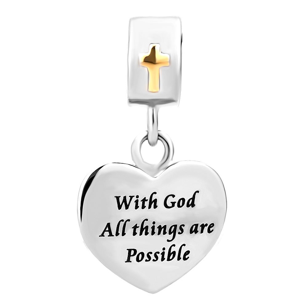 LovelyCharms Cross Charm With God All things are Possible Religious Dangle Bead Fits European Bracelets (Heart)