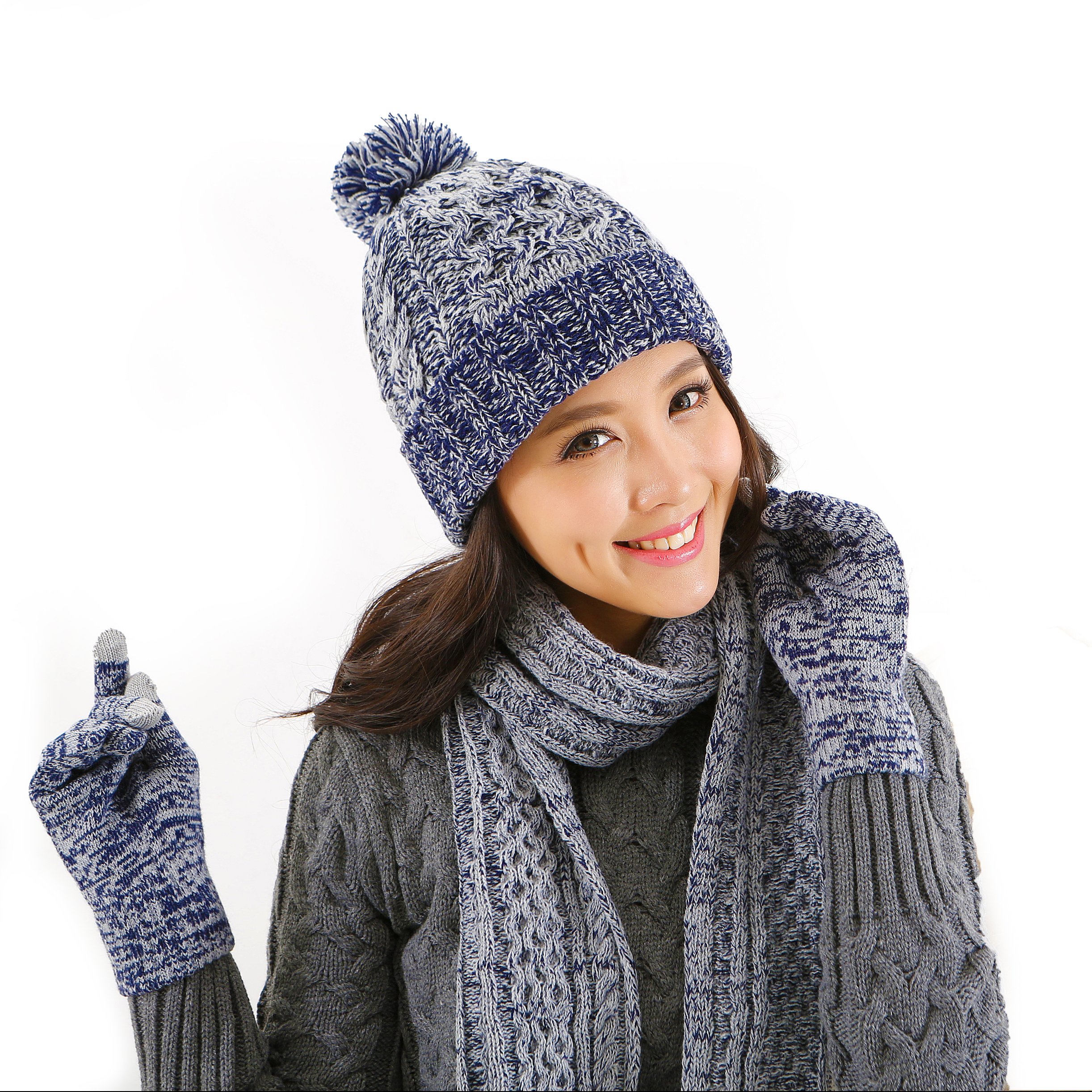 DTBG Knitted Beanie Gloves & Scarf Winter Set Warm Thick Fashion Hat Mittens 3 in 1 Cold Weather for Women Blue