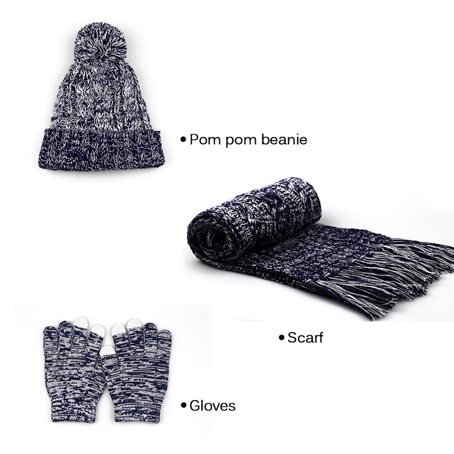 DTBG Knitted Beanie Gloves & Scarf Winter Set Warm Thick Fashion Hat Mittens 3 in 1 Cold Weather for Women Blue