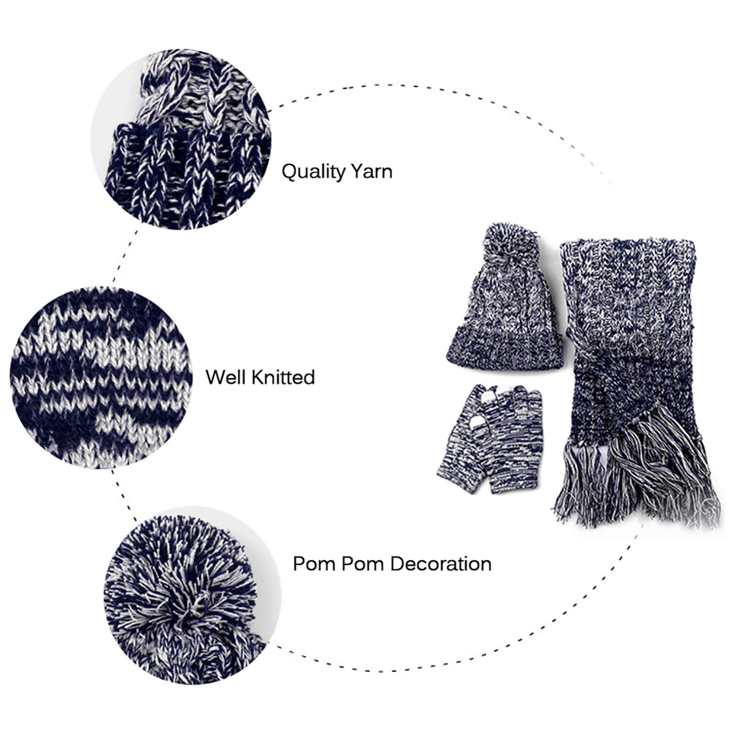 DTBG Knitted Beanie Gloves & Scarf Winter Set Warm Thick Fashion Hat Mittens 3 in 1 Cold Weather for Women Blue