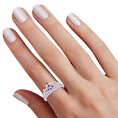 AFFY Round Cut Simulated Multi Stone Rapunzel Princess Style Engagement Wedding Crown Ring in 14k White Gold Over Sterling Silver with Ring Size 8