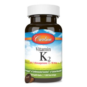 Carlson - Vitamin K2 MK-7 (Menaquinone), 90 mcg, Bone Support, Calcium Bioavailability, K2 Vitamin, Vitamin K-2, 120 Softgels