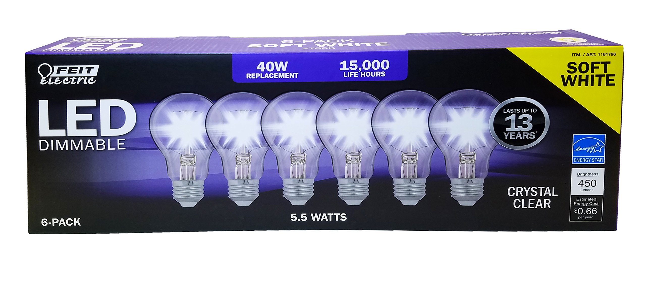 Feit Electric Led Dimmable 40W / 5.5W Soft White Crystal Clear Energy Efficient 6-Pack