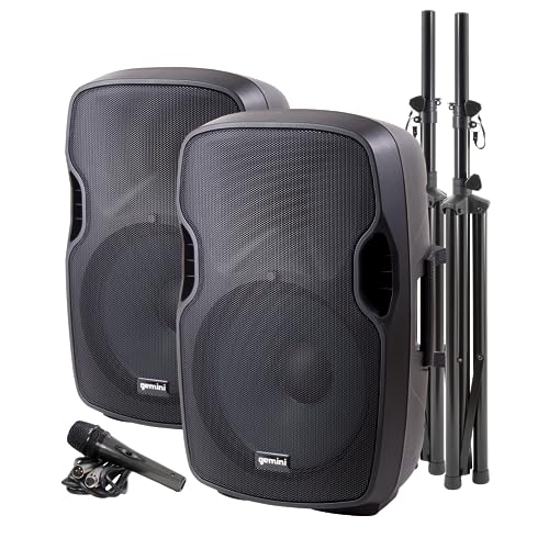 Gemini Sound Bluetooth Dual Active/Passive 15" Inch Woofer 2000W Watts Speaker PA System, XLR Input/Output, 1/4" Inch Mic, RCA/AUX Inputs, USB SD Card, Mixer Stands Cables Microphone Set Bundle