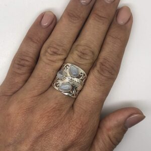 Koral Jewelry Moonstone 3 Stones Lace Ring 925 Sterling Silver Vintage Tribal Gipsy Boho Look US Size 7 8 9 (8)