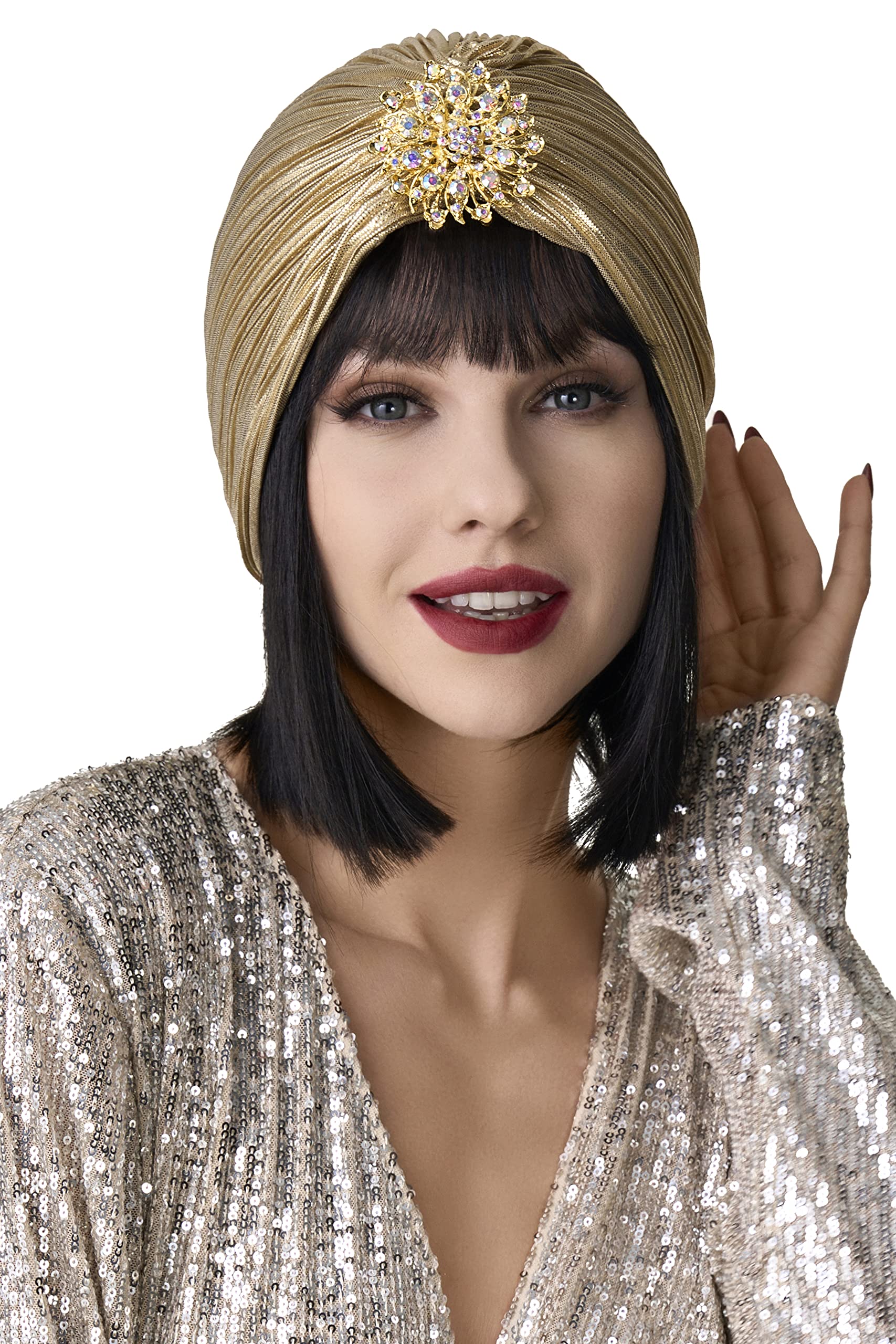 BABEYOND Women's Turban Hat with Crystal Vintage Head Wrap Knit Pleated Turban (Gold)