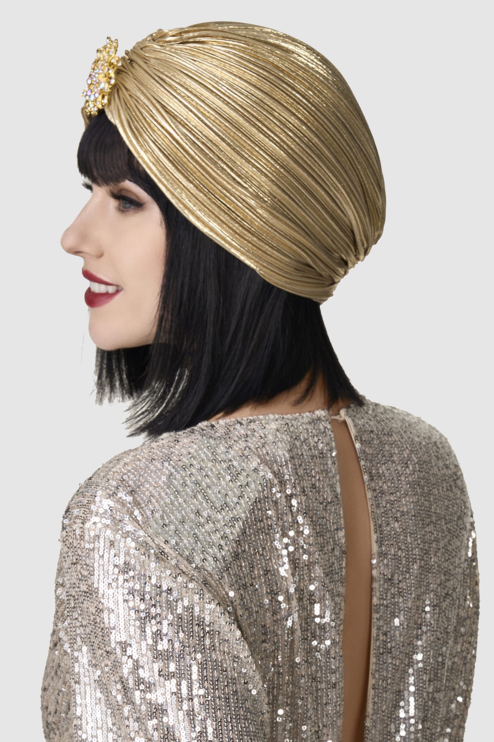 BABEYOND Women's Turban Hat with Crystal Vintage Head Wrap Knit Pleated Turban (Gold)