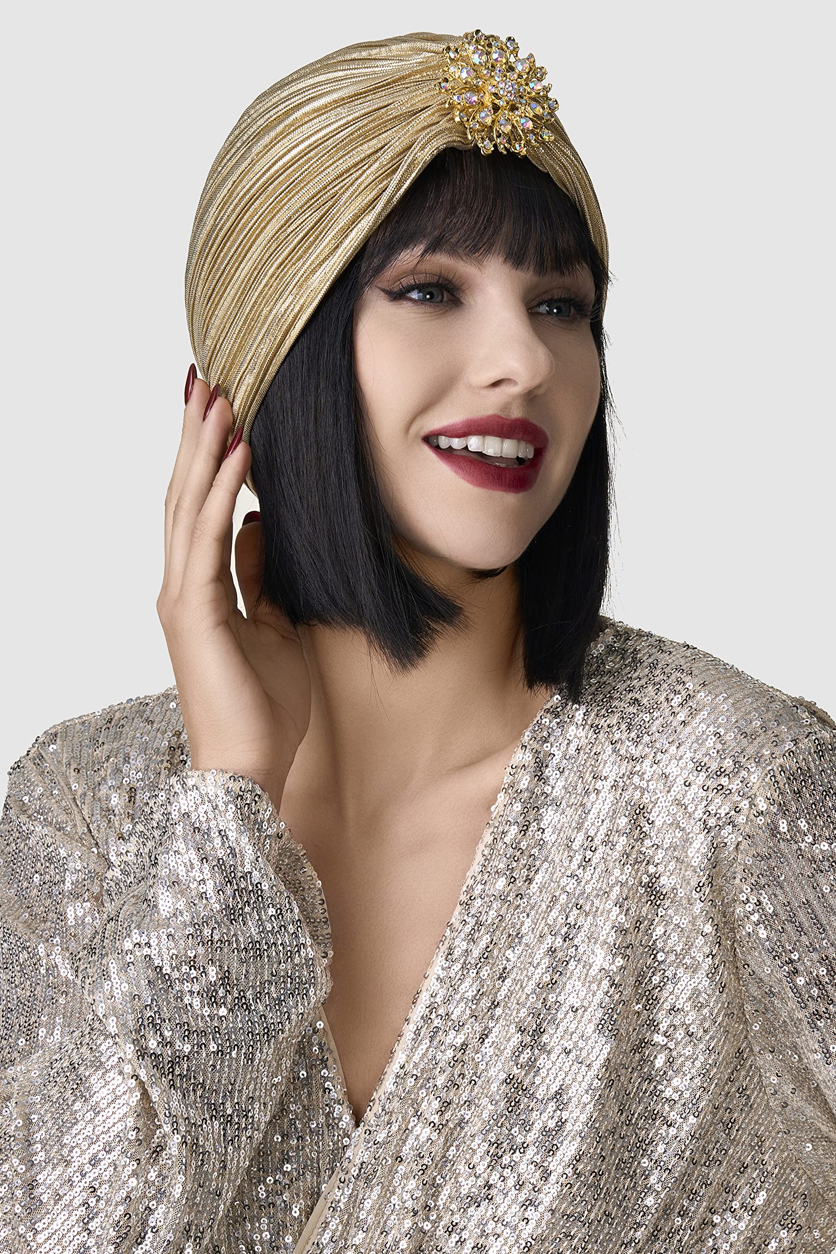 BABEYOND Women's Turban Hat with Crystal Vintage Head Wrap Knit Pleated Turban (Gold)