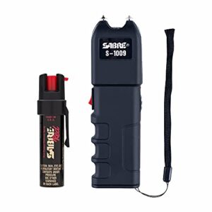 sabre pepper spray & 3-in-1 stun gun with flashlight and anti-grab bar technology, self defense kit, 35 bursts, 10 ft (3 m) range, 120 lumens led light, rechargeable battery (set of 2)