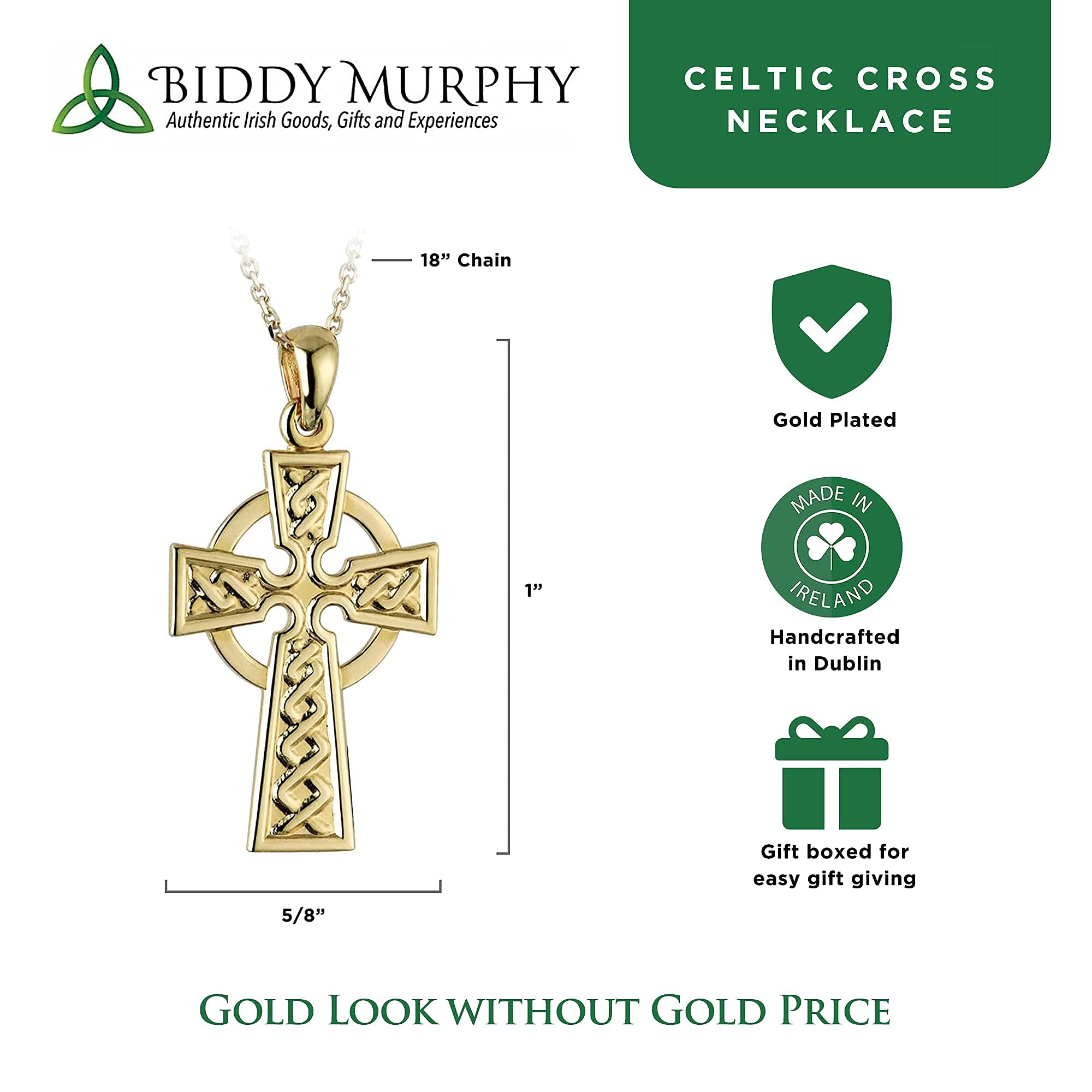 Biddy Murphy Celtic Cross Necklace Gold Plated Engraved Weave Made in Ireland