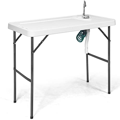 Goplus Folding Fish Cleaning Table with Sink and Spray Nozzle, Heavy Duty Fillet Table with Hose Hook Up and Faucet, Portable Outdoor Camping Sink Station for Dock Beach Patio Picnic