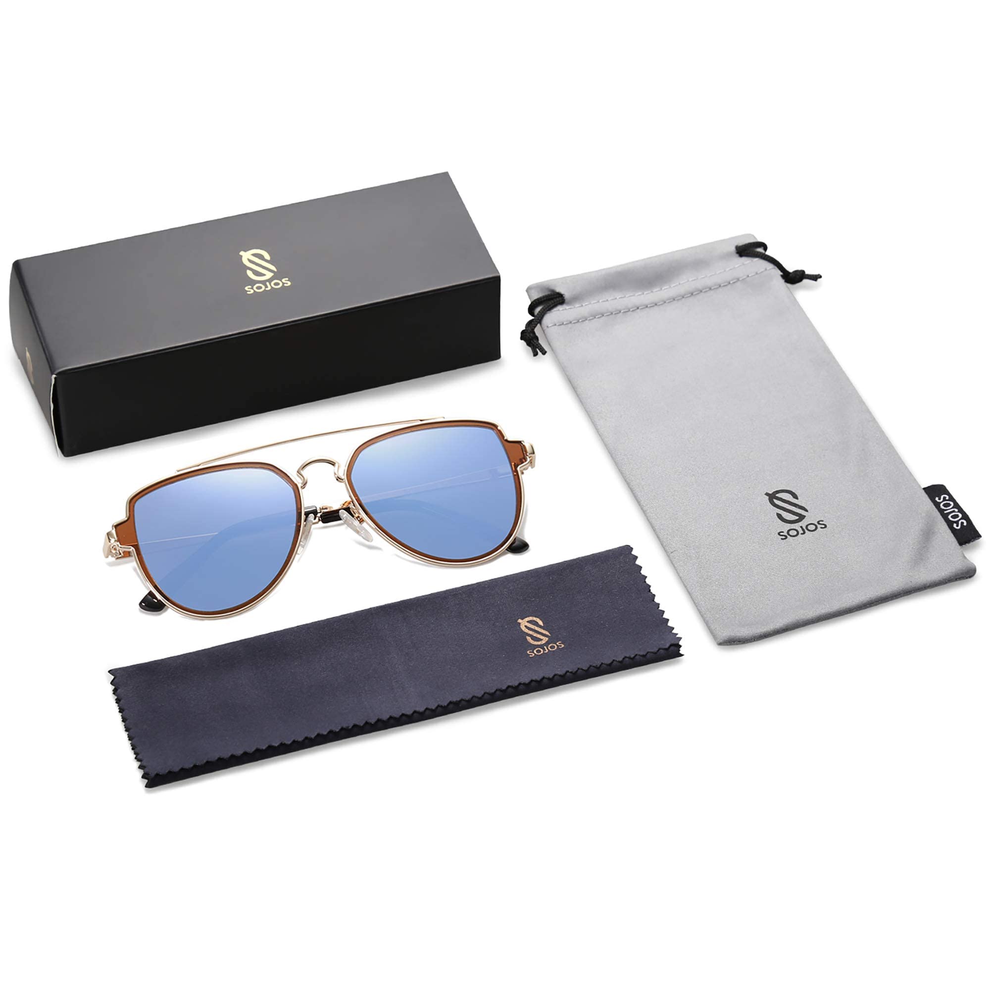 SOJOS Retro Polarized Double Bridge Sunglasses for Men Women Mirrored Lens SJ1051 with Gold Frame/Dusty Blue Mirrored Lens