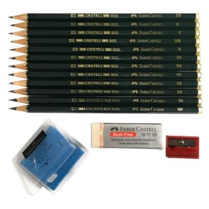 Faber-Castell 9000 Graphite Sketch Pencil Art Set (8B - 2H) with Kneaded Art Eraser, Large Dust Free Eraser and Sharpener