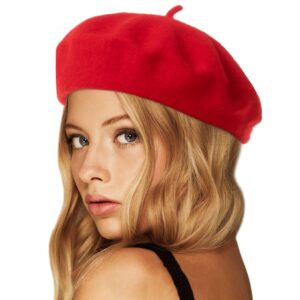 wheebo wool beret hat,solid color french style winter warm cap for women girls(red)