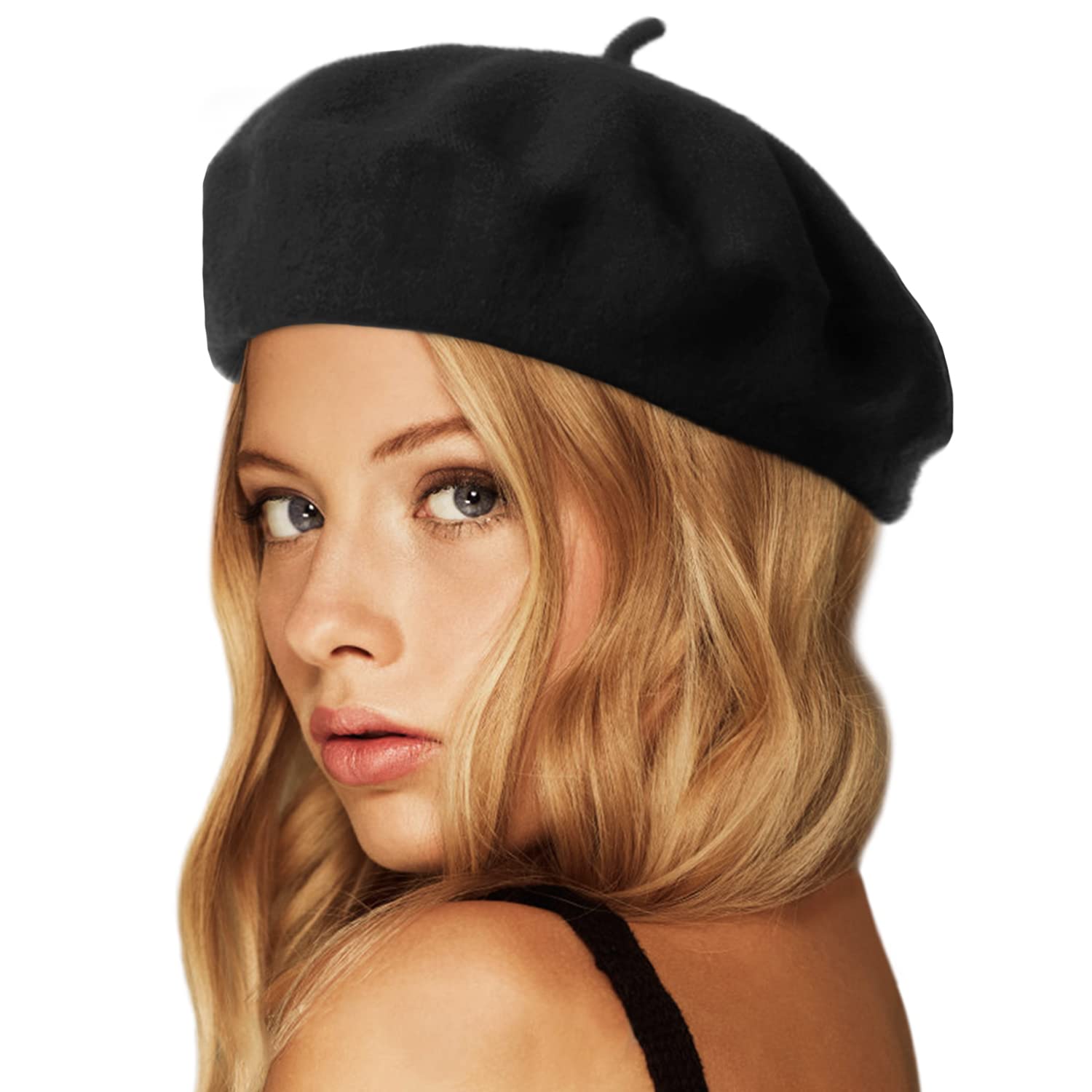 Wheebo Wool Beret Hat,Solid Color French Style Winter Warm Cap for Women Girls(Black)