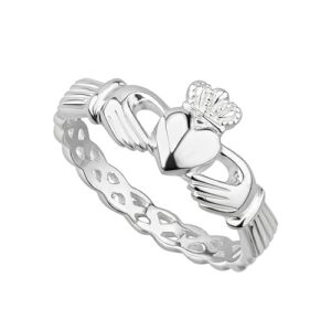 Biddy Murphy, Irish Claddagh Ring for Women 925 Sterling Silver with Braided Band, Traditional Friendship Ring, Love, Marriage, Engagement, Celtic Jewelry from Ireland, Size 8