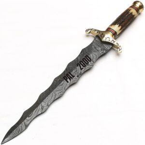 pal 2000 knives sw-8888 handmade damascus steel 20 inches vivi hunting knife stag horn handle with sheath