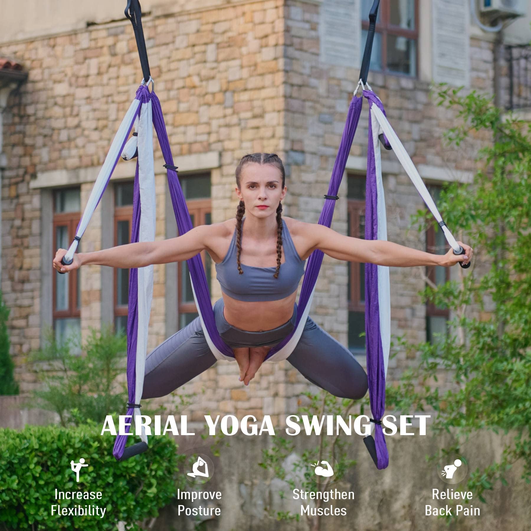 ZELUS Aerial Yoga Swing Sling Strong Yoga Hammock Kit Set Trapeze Inversion Equipment Include 2 Extensions Straps and Ceiling Mounting Kit(Purple)