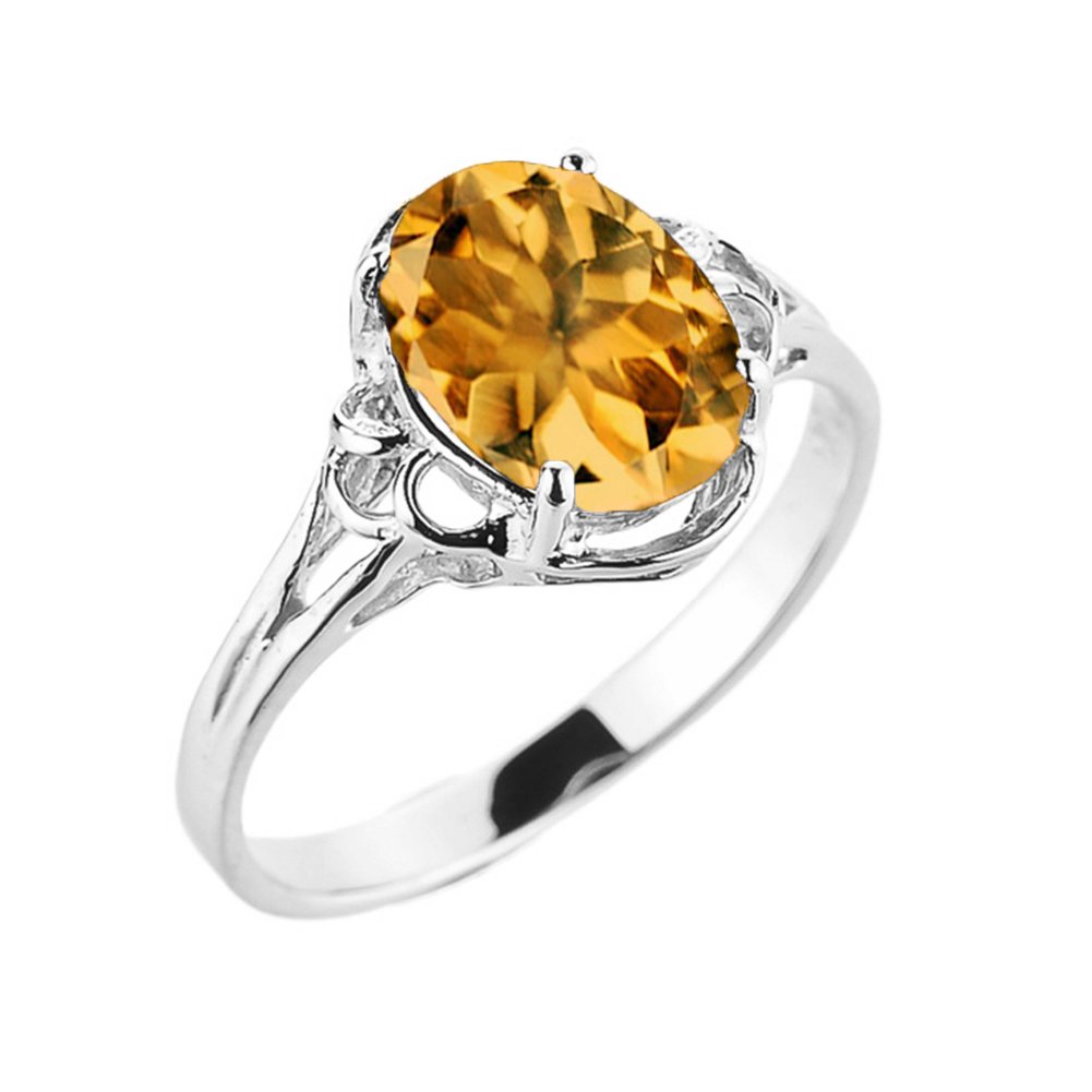 14k White Gold November Birthstone Genuine Oval Citrine Gemstone Solitaire Ring - Size 9