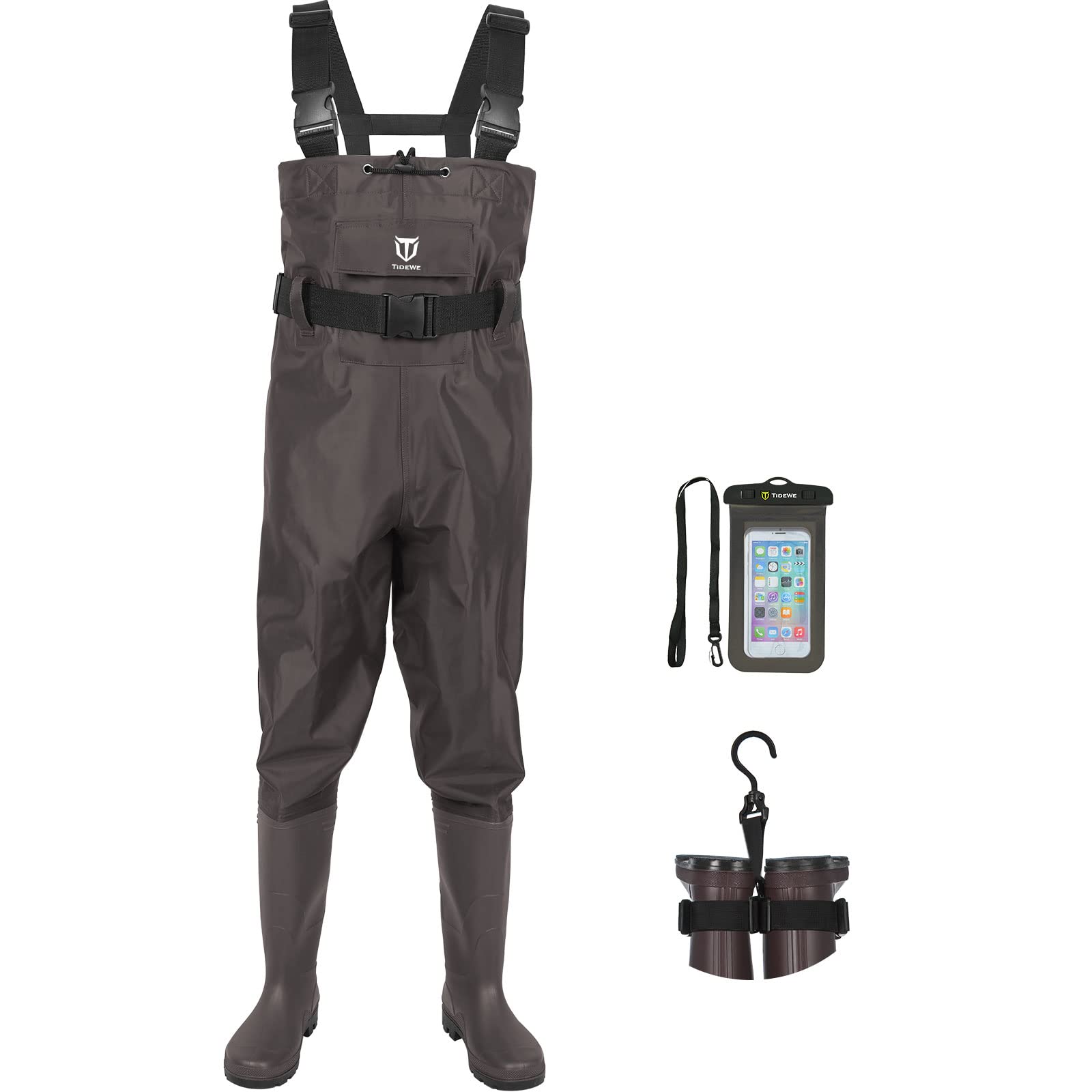 TIDEWE Bootfoot Chest Wader, 2-Ply Nylon/PVC Waterproof Fishing & Hunting Waders with Boot Hanger for Men and Women Brown Size 9