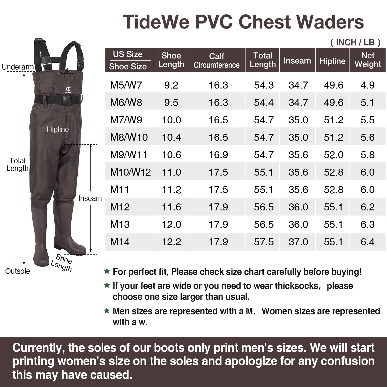 TIDEWE Bootfoot Chest Wader, 2-Ply Nylon/PVC Waterproof Fishing & Hunting Waders with Boot Hanger for Men and Women Brown Size 9