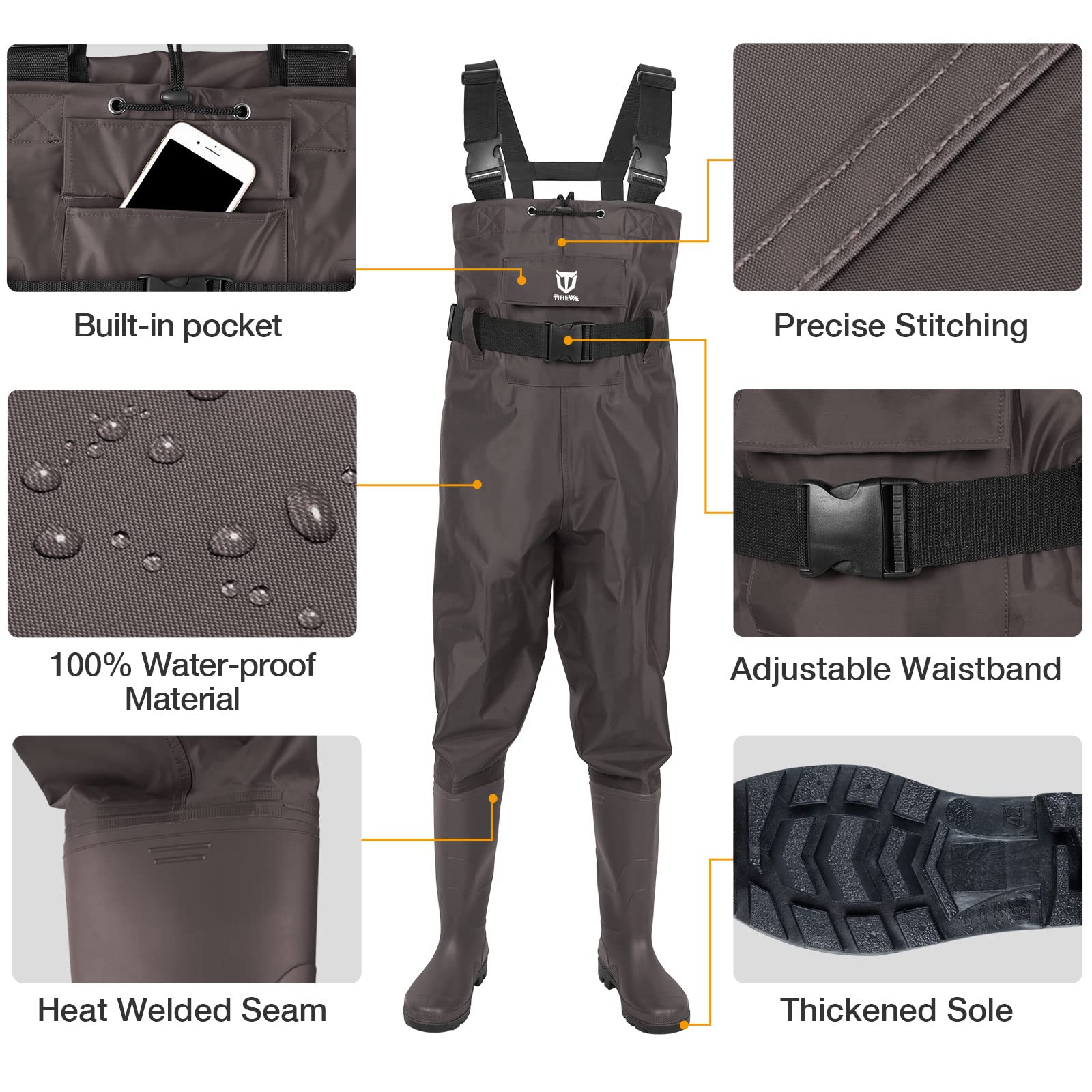 TIDEWE Bootfoot Chest Wader, 2-Ply Nylon/PVC Waterproof Fishing & Hunting Waders with Boot Hanger for Men and Women Brown Size 9