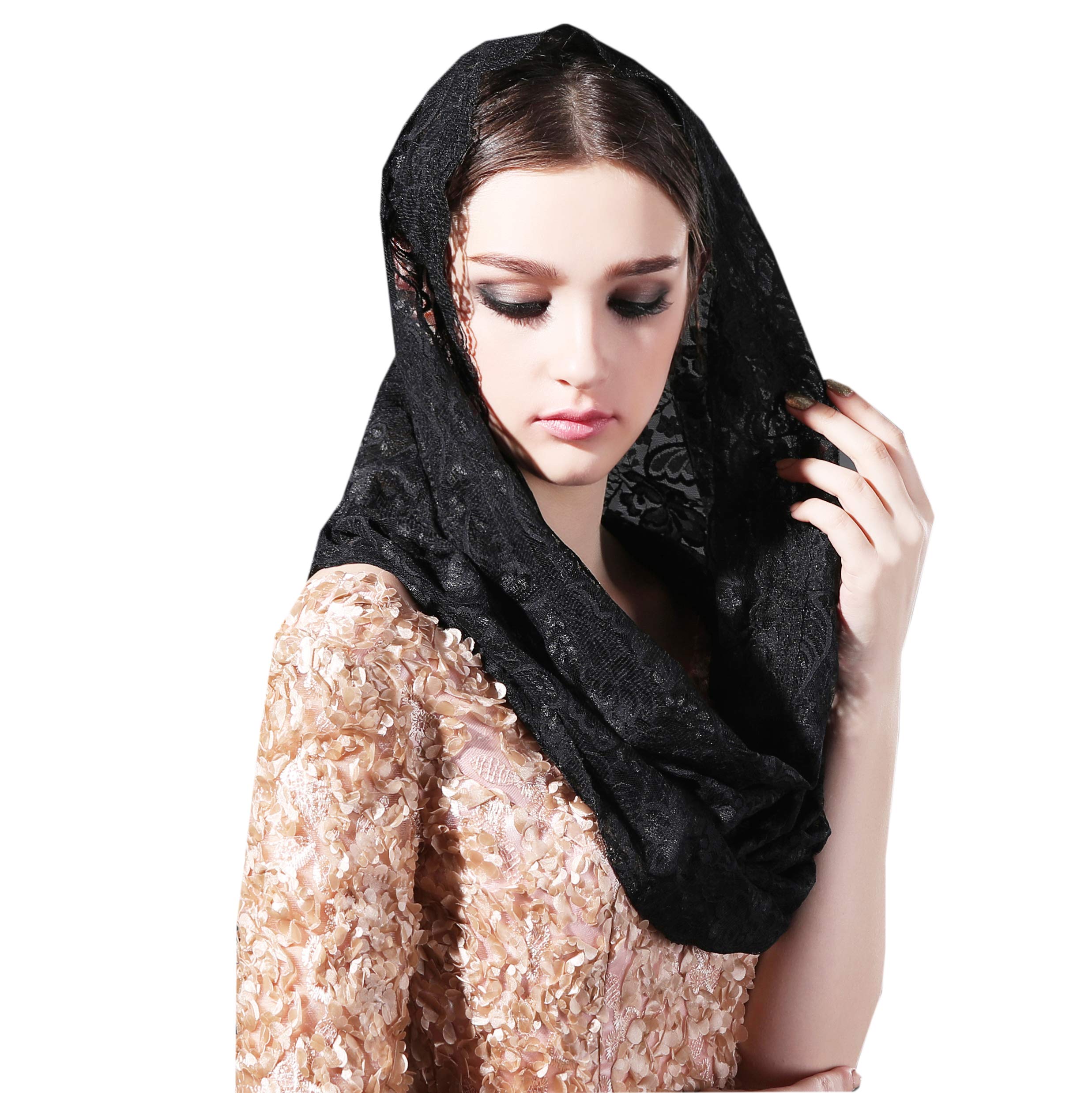 Grettytling Soft and Comfortable Mantilla Veils 5 Colors Spanish Style Lace Infinity Veil Mantilla Latin (Black-Infinity)