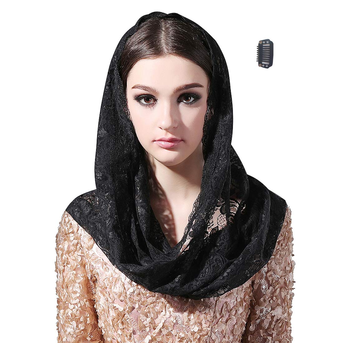 Grettytling Soft and Comfortable Mantilla Veils 5 Colors Spanish Style Lace Infinity Veil Mantilla Latin (Black-Infinity)