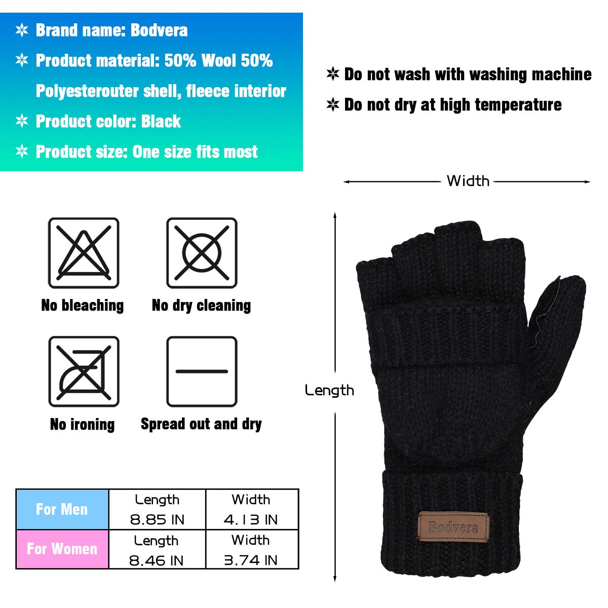 Bodvera Thermal Insulation Fingerless Texting Wool Gloves for Women and Men Winter Warm Knitted Convertible Mittens Flap