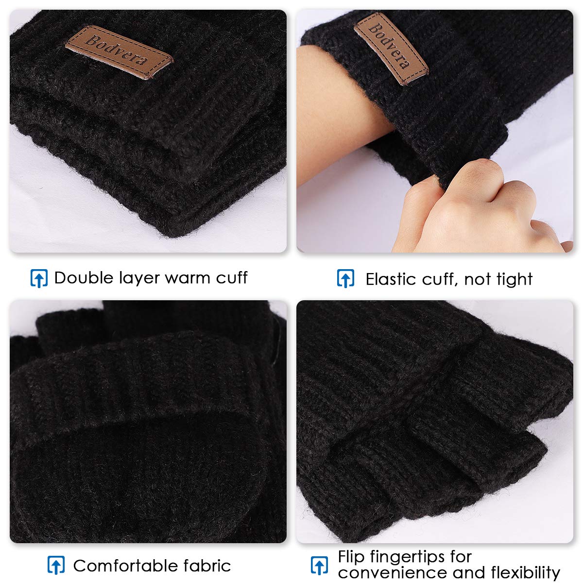 Bodvera Thermal Insulation Fingerless Texting Wool Gloves for Women and Men Winter Warm Knitted Convertible Mittens Flap