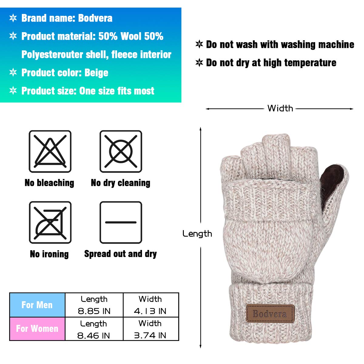 Bodvera Thermal Insulation Fingerless Texting Wool Gloves for Women and Men Winter Warm Knitted Convertible Mittens Flap