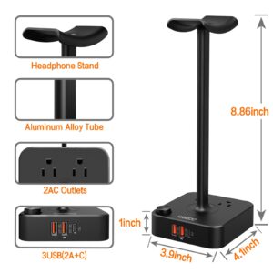 COZOO Headphone Stand with USB Charger Desktop Gaming Headset Holder Hanger with 3 USB Charging Station and 2 Outlets Power Strip - Suitable for Gaming, DJ, Wireless Earphone Display (Black)