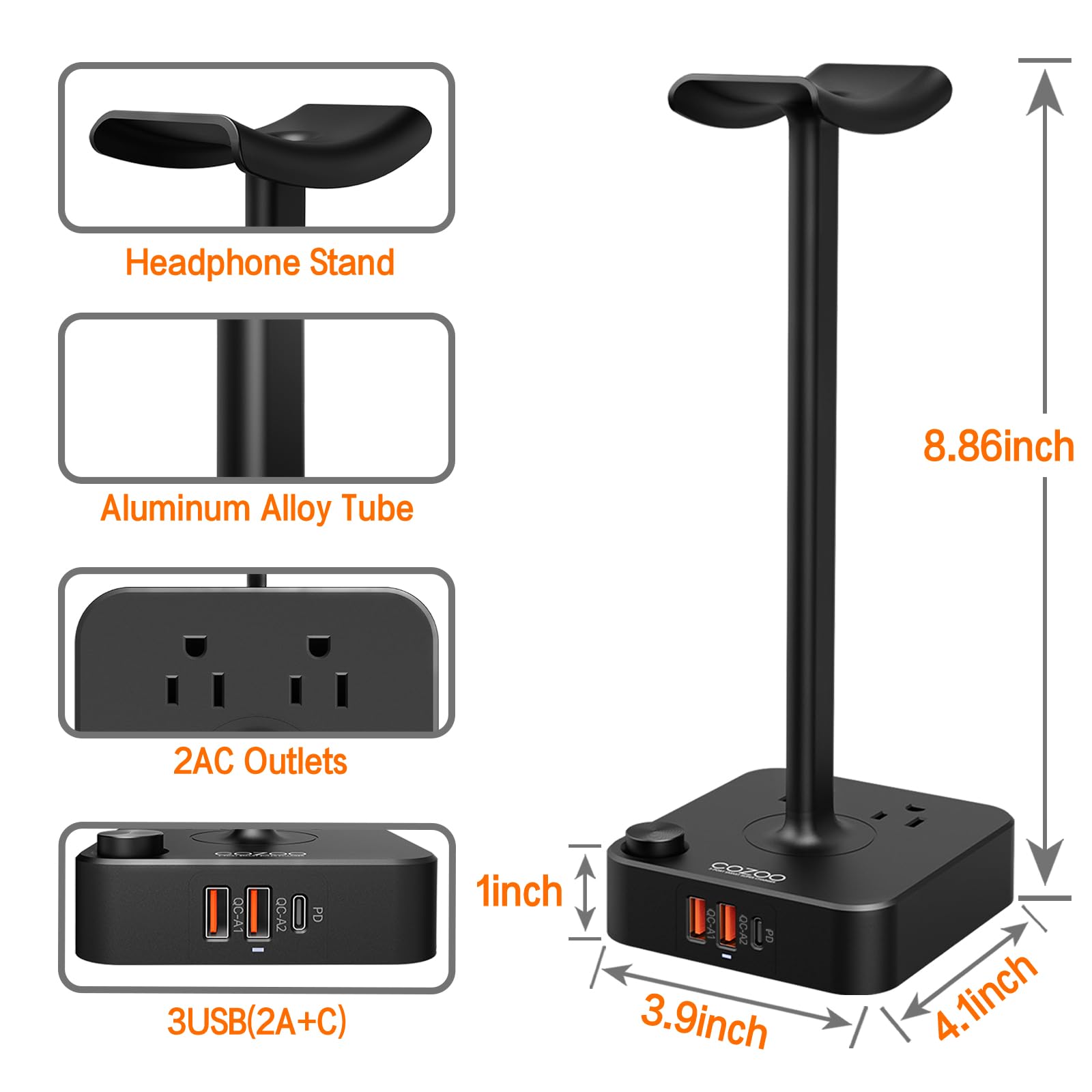 COZOO Headphone Stand with USB Charger Desktop Gaming Headset Holder Hanger with 3 USB Charging Station and 2 Outlets Power Strip - Suitable for Gaming, DJ, Wireless Earphone Display (Black)