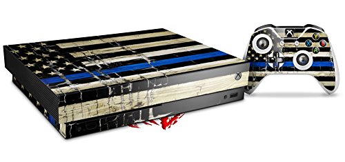 WraptorSkinz Decal Vinyl Skin Wrap Compatible with Xbox One X Console and Controller - Painted Faded Cracked Blue Line Stripe USA American Flag