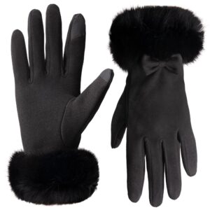 vagasi women touch screen gloves, fleece lined winter gloves for ladies, thermal suede gloves fur cuff for girls gifts