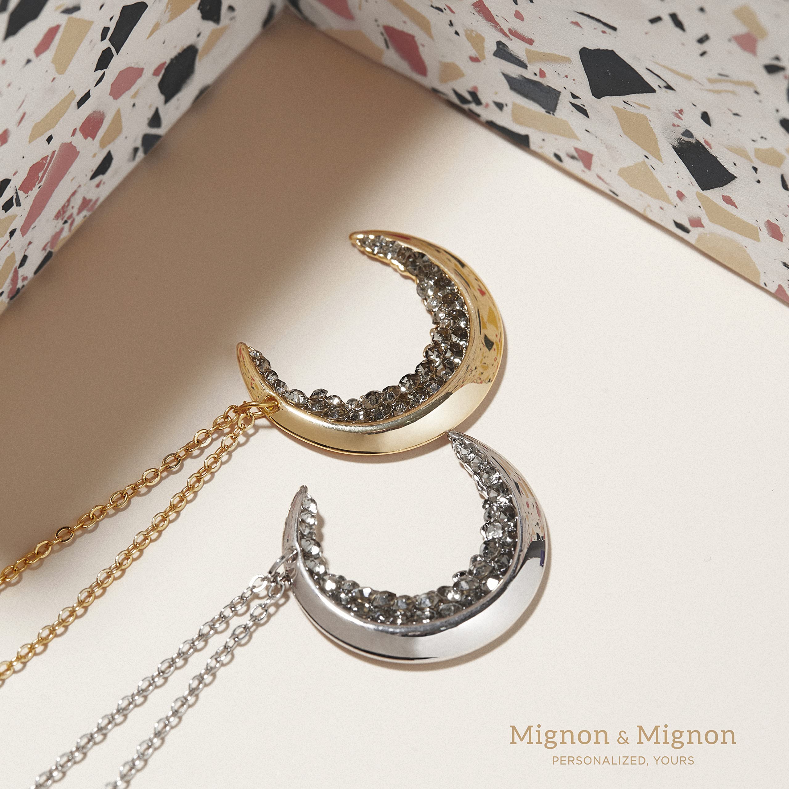 MignonandMignon Dainty Crystal Jewelry Gold Crescent Moon Necklace Black Diamond Graduation Gift for Her Celestial Halloween Anniversary - ZCMN