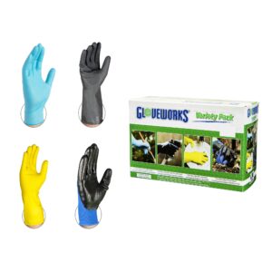 ammex variety pack gloves - 5 pairs blue nitrile disposable gloves, 1 pair heavy duty black latex flock lined gloves, 1 pair yellow latex flock lined gloves, 1 pair nitrile coated polyester gloves, small/medium, pack of 8 pairs