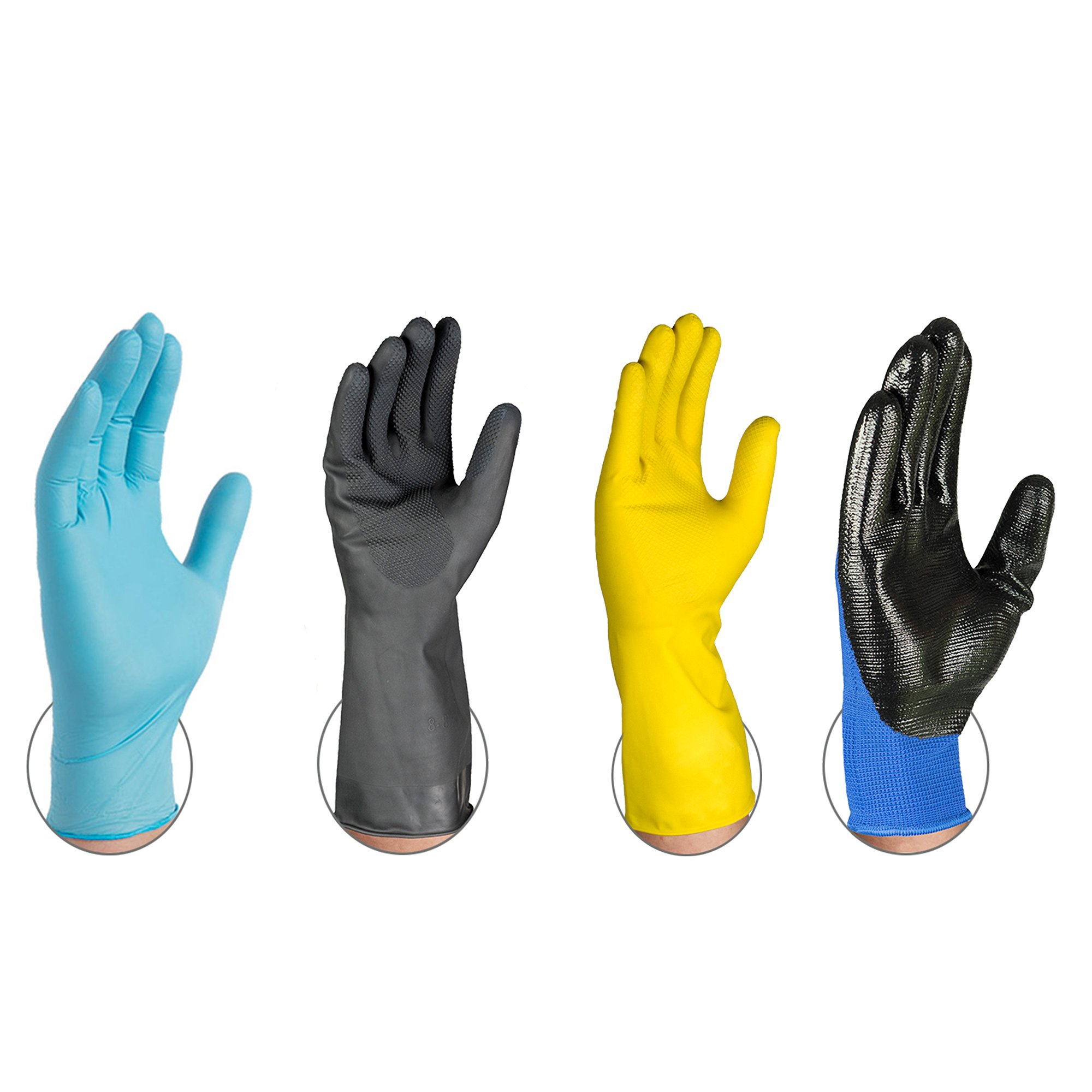 AMMEX Variety Pack Gloves - 5 Pairs Blue Nitrile Disposable gloves, 1 Pair Heavy Duty Black Latex Flock Lined Gloves, 1 Pair Yellow Latex Flock Lined Gloves, 1 Pair Nitrile Coated Polyester Gloves, Small/Medium, Pack of 8 Pairs