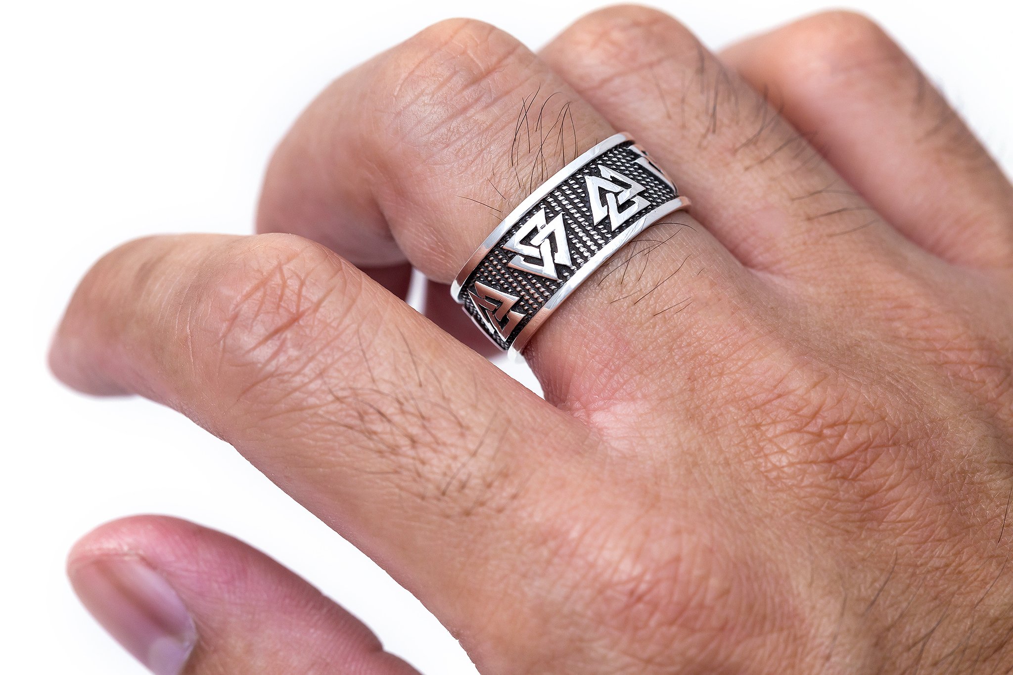 925 Sterling Silver Viking Valknut Odin Norse Jewelry Oxidized Band Ring (9)