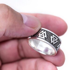 925 Sterling Silver Viking Valknut Odin Norse Jewelry Oxidized Band Ring (9)