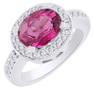 AFFY 2.9 cttw Simulated Pink Sapphire & White Natural Diamond Halo Engagement Wedding Ring in 14k White Gold with Ring Size 12.5