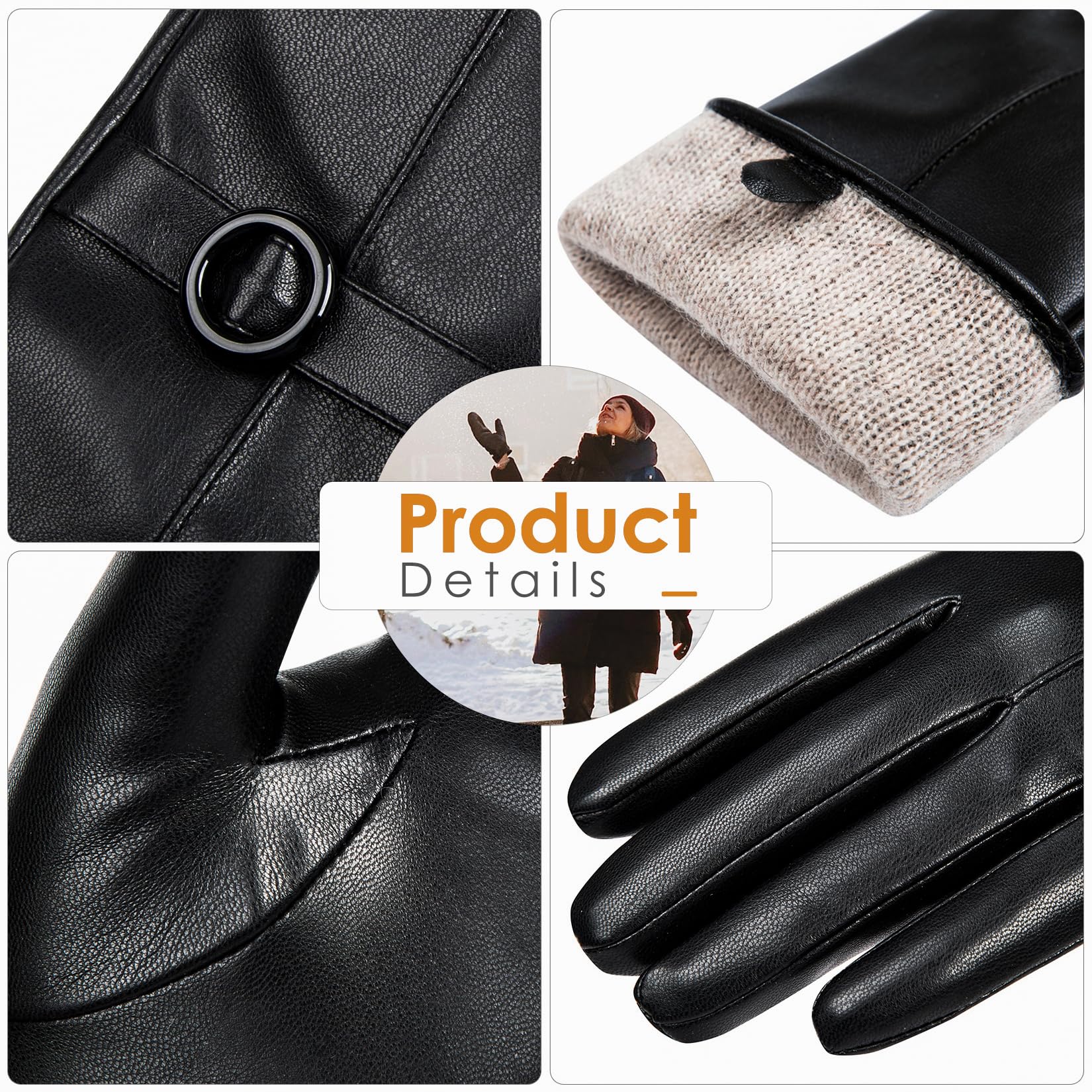 Womens Winter Leather Gloves Touchscreen Texting Warm Driving Lambskin Gloves (Black, M)