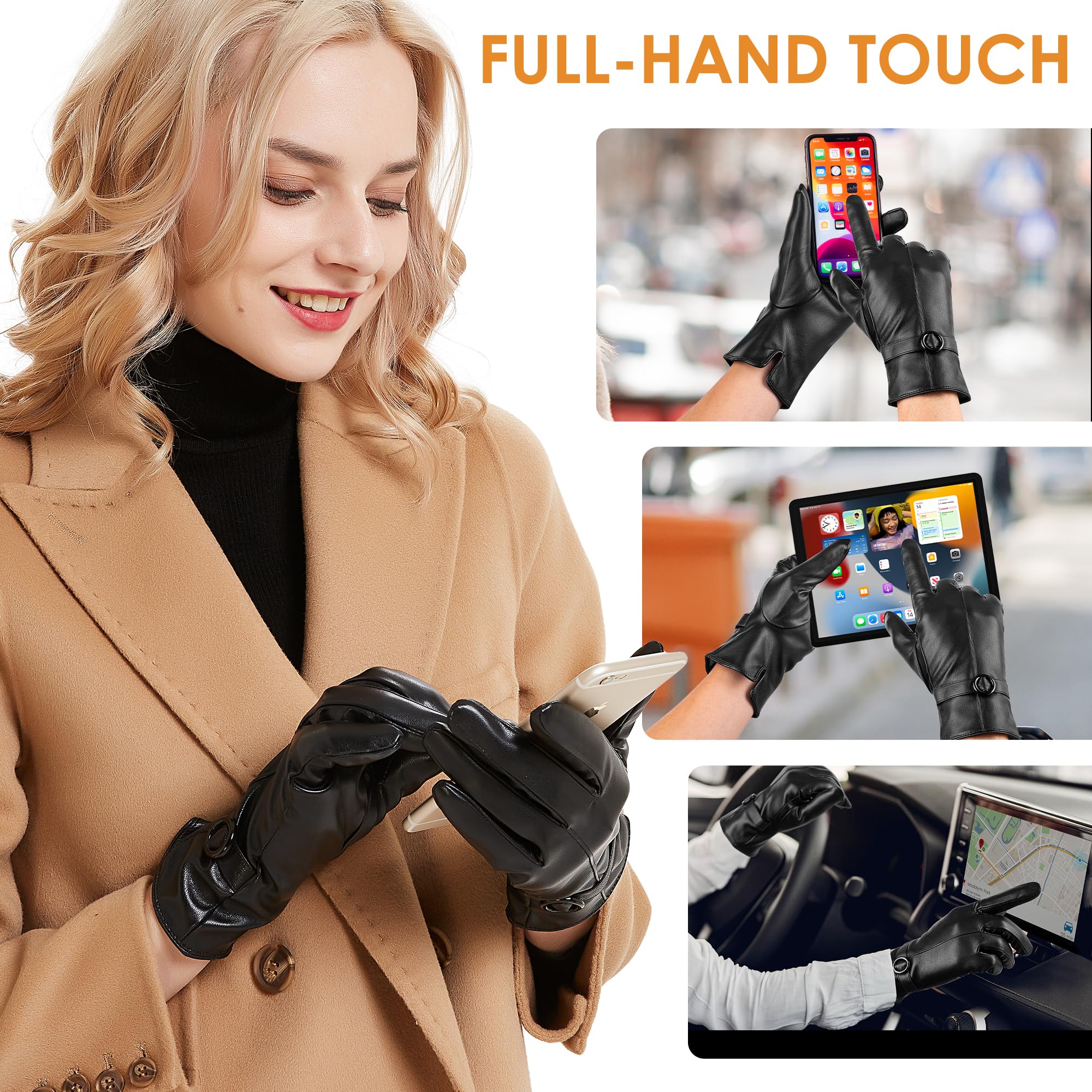 Womens Winter Leather Gloves Touchscreen Texting Warm Driving Lambskin Gloves (Black, M)