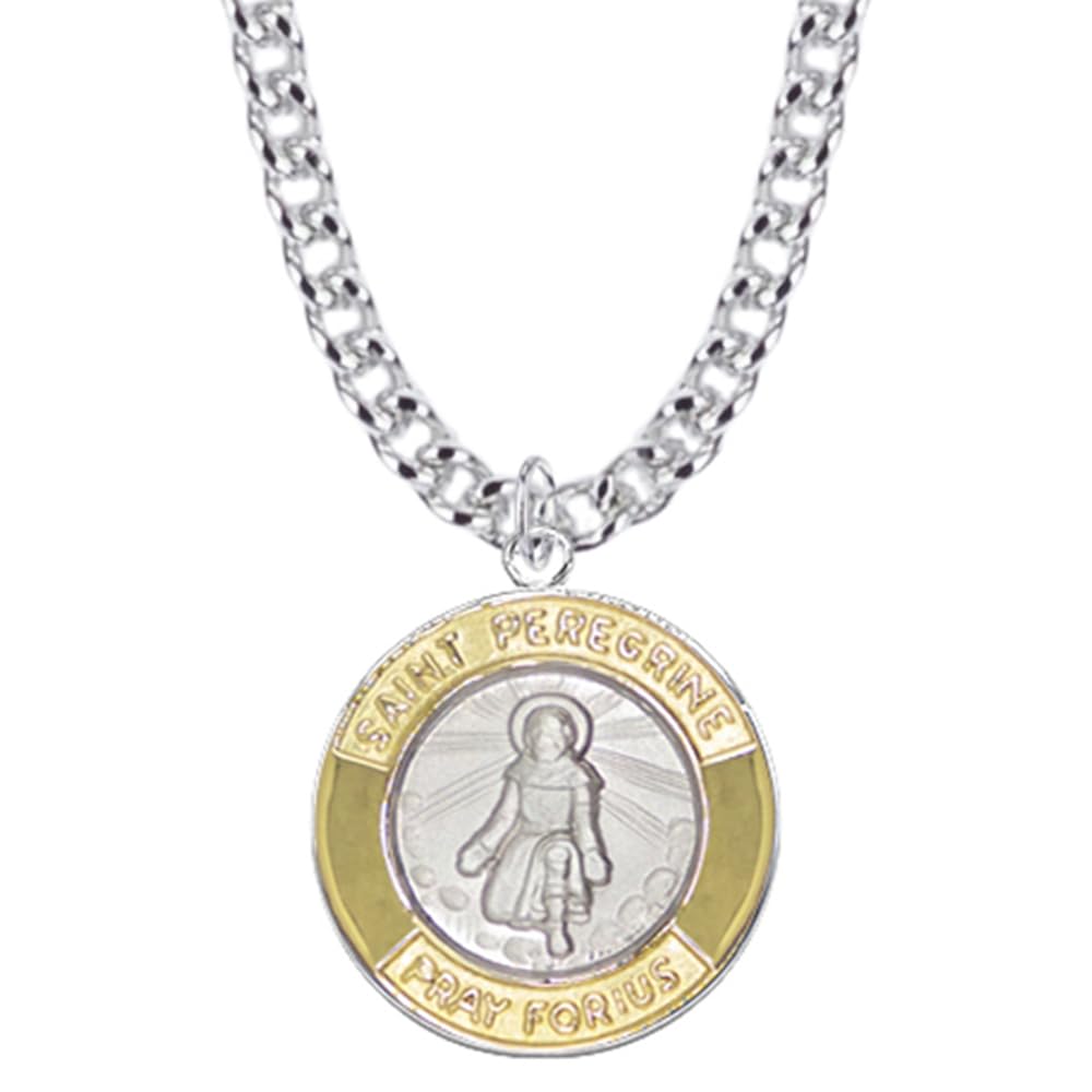 TrueFaithJewelry Sterling Silver St Peregrine Necklace Patron Saint Medal Pendant with 14K Gold Border Religious Jewelry, 5/8 Inch