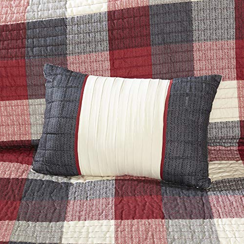 Madison Park Reversible Quilt Cabin Lifestyle Plaid Design - All Season, Breathable Coverlet Bedspread Bedding Set, Matching Shams, Full/Queen(90"x90"), Red 6 Piece