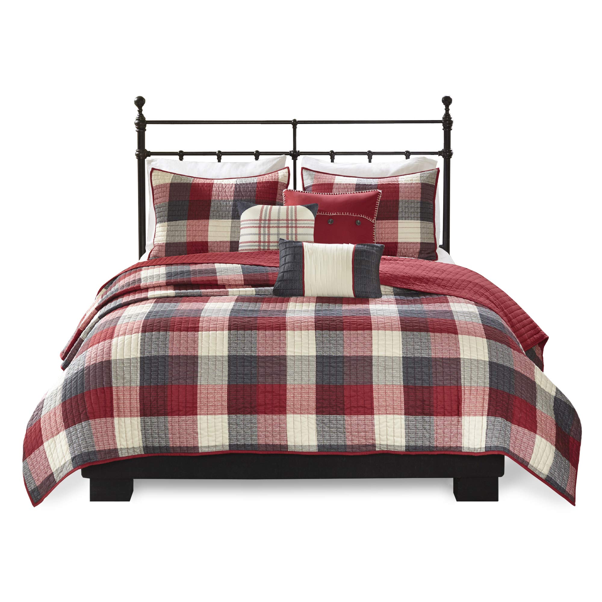 Madison Park Reversible Quilt Cabin Lifestyle Plaid Design - All Season, Breathable Coverlet Bedspread Bedding Set, Matching Shams, Full/Queen(90"x90"), Red 6 Piece