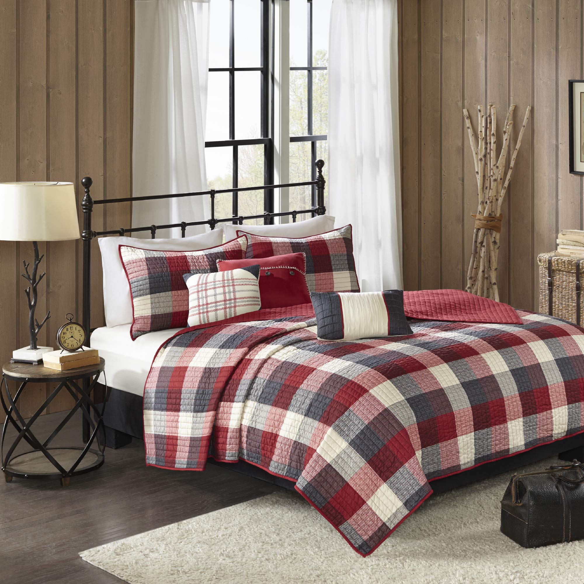 Madison Park Reversible Quilt Cabin Lifestyle Plaid Design - All Season, Breathable Coverlet Bedspread Bedding Set, Matching Shams, Full/Queen(90"x90"), Red 6 Piece