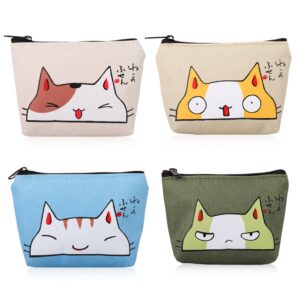 isuperb pack of 4 coin purse oxford small zipper wallet for coins cash credit card usb charger cable headset keys lipstick (cute cat)