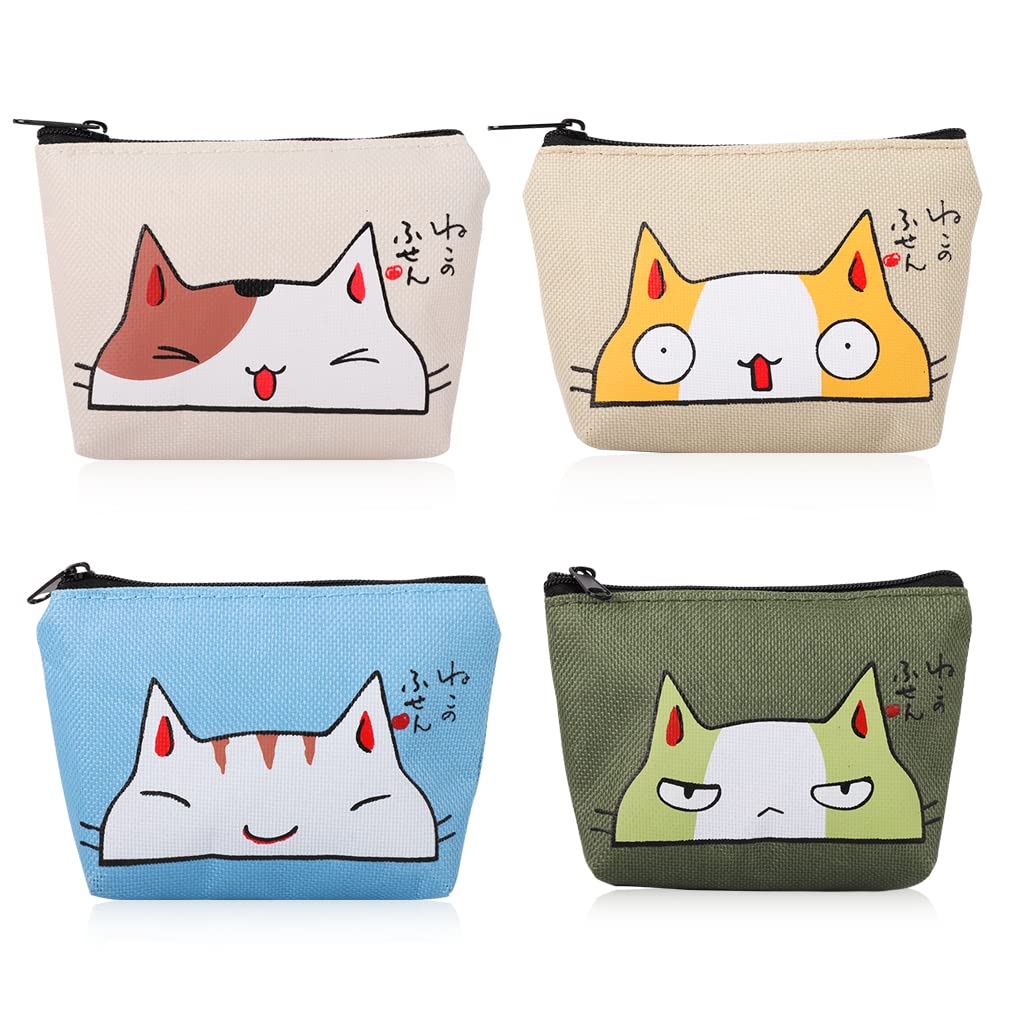 iSuperb Pack of 4 Coin Purse Oxford Small Zipper Wallet for Coins Cash Credit Card USB Charger Cable Headset Keys Lipstick (Cute Cat)